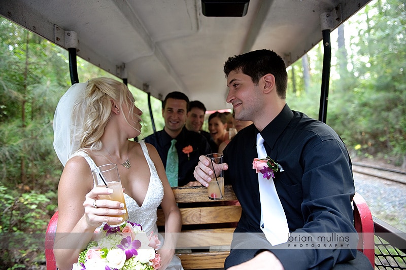 bride and groom on train