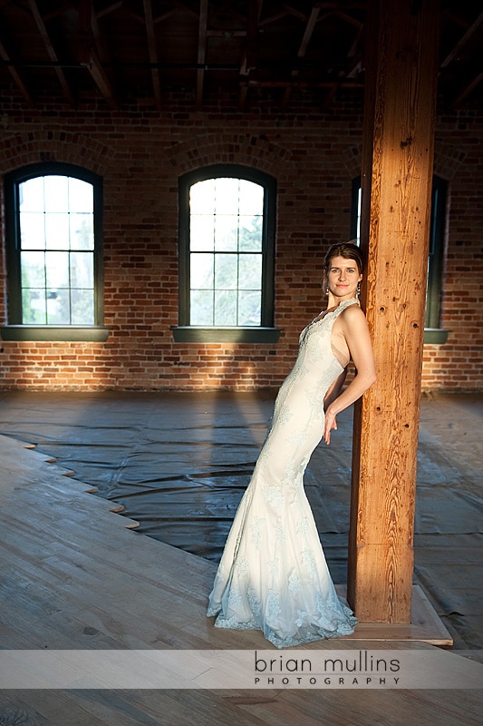 Bride against post in warehouse