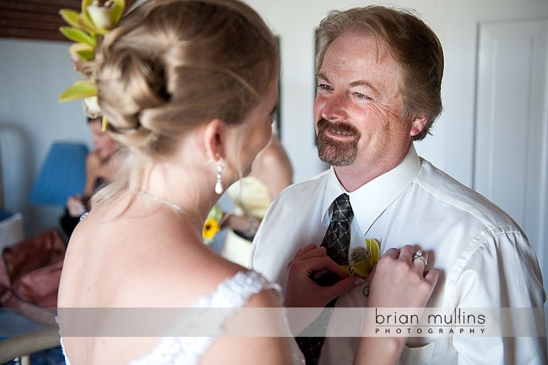 Bride Pinning Boutonnière on father - Bald Head Island, NC