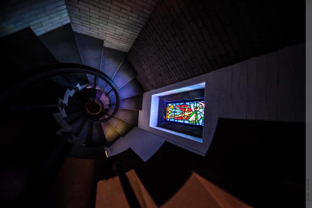 duke chapel spiral staircase with stained glass window