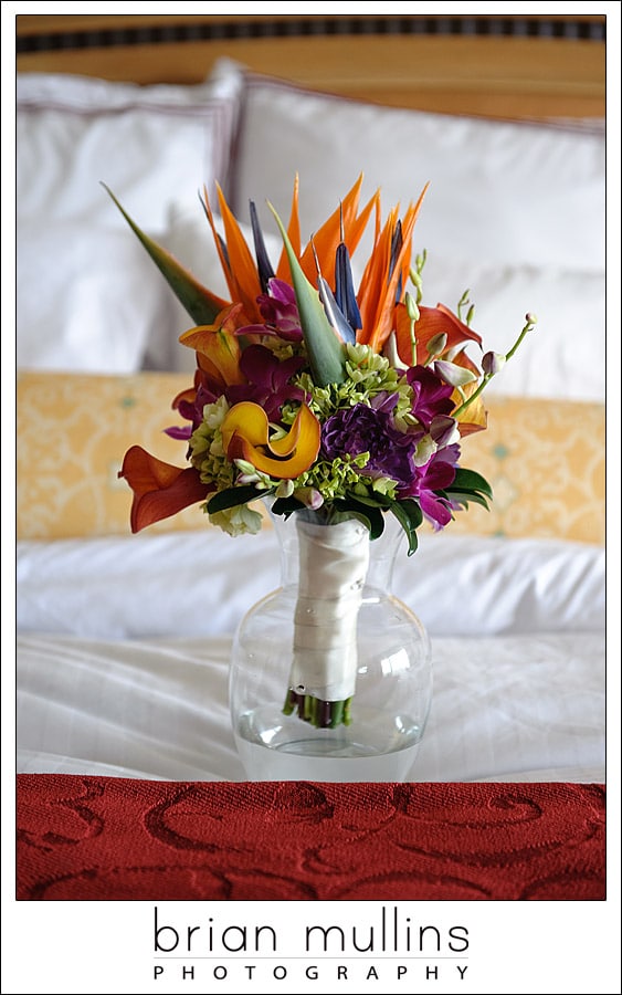 Bridal bouquet on the bed in ambient light